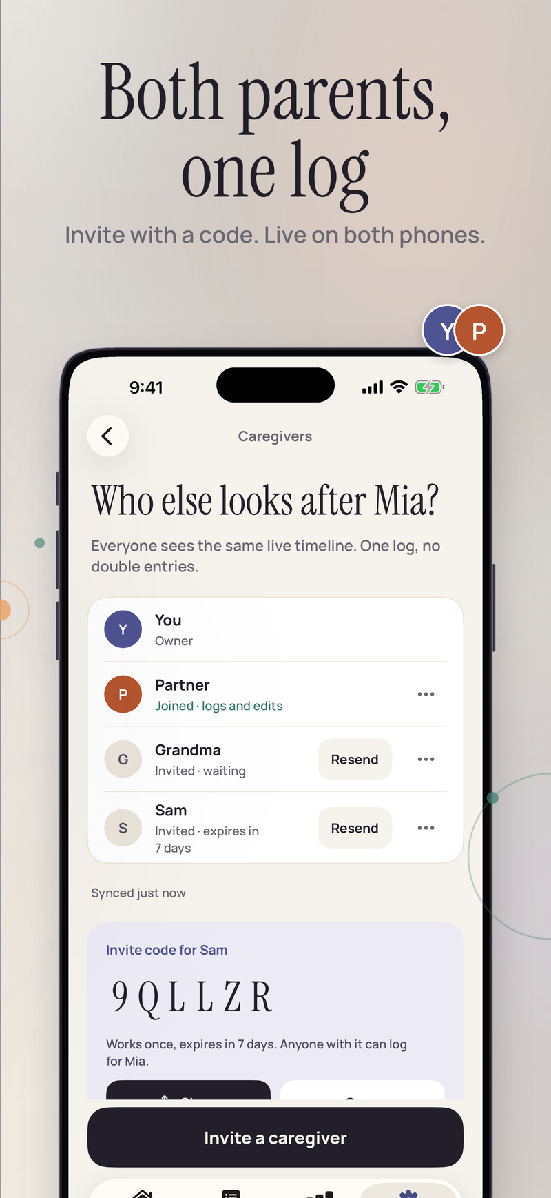 Both parents, one log. The Caregivers screen: you as owner, a partner who joined, a grandparent and Sam invited, and a six-character invite code with an Invite a caregiver button.