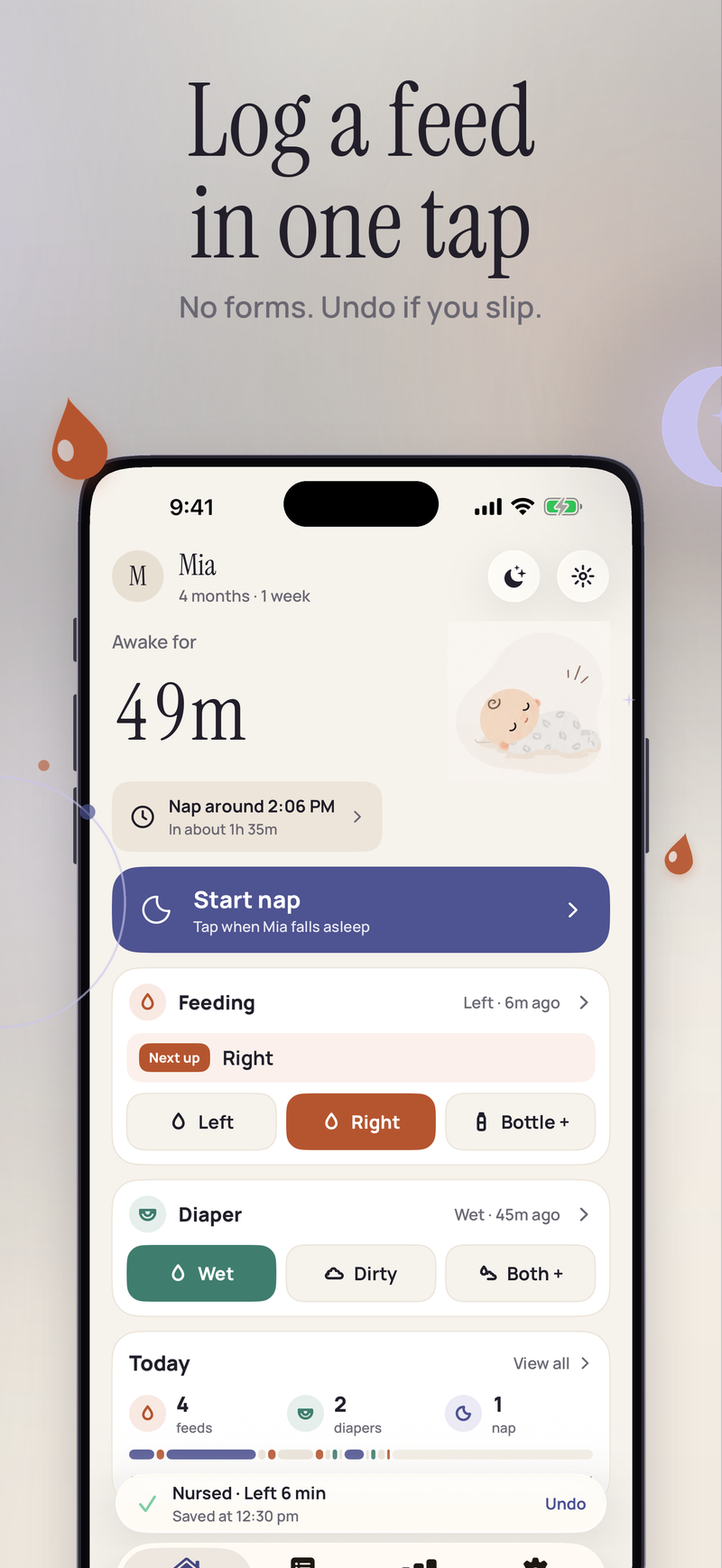 Log a feed in one tap. The Home screen for Mia: awake for 49 minutes, nap around 2:06 pm, Start nap, a Feeding card with Left, Right and Bottle, a Diaper card with Wet, Dirty and Both, and the Undo bar after a log.